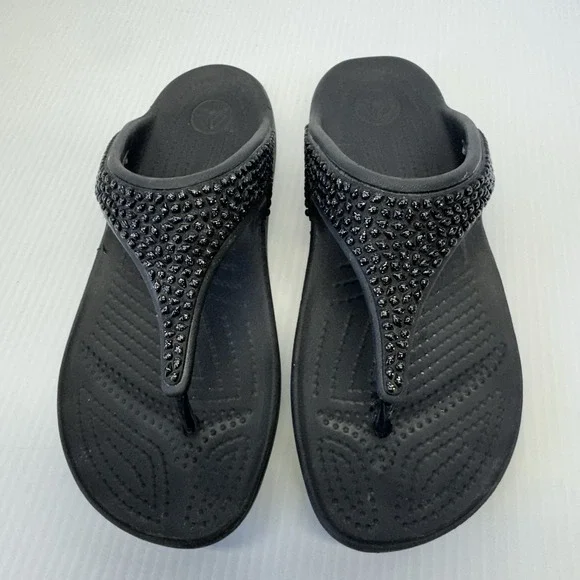 Crocs Sloane Embellished Beaded Sandal Women Black Thong Slide Slip On Size 8 - Picture 2 of 7